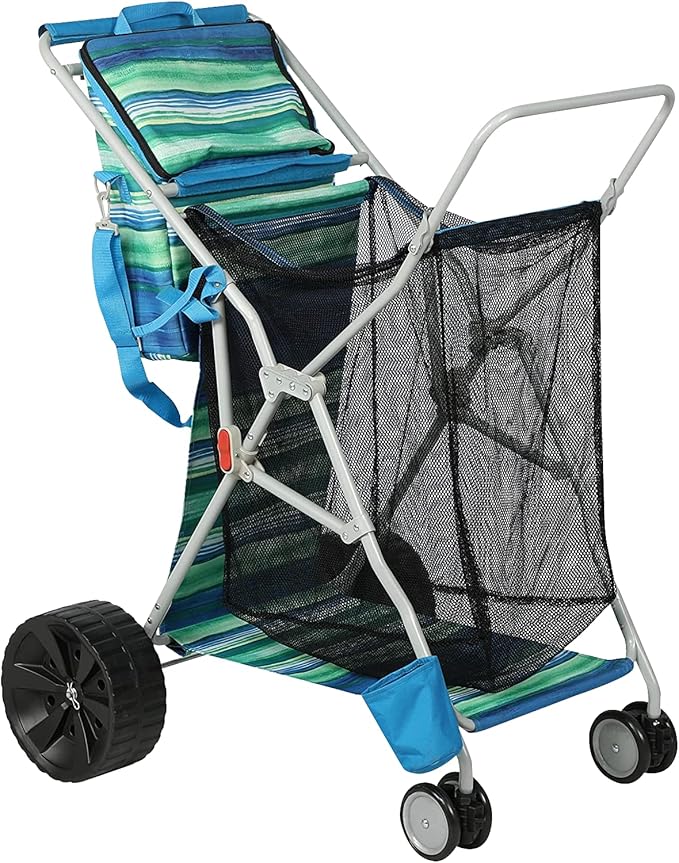 Beach Cart with Big Wheels for Sand, Collapsible All-Terrain Beach Wagon with Cooler Bag & Umbrella Holder, Large Mesh Storage, Supports 100lbs for Camping, Outdoor, Shopping, Dark Blue Stripes