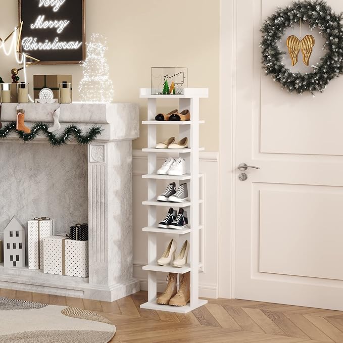 HOMEFORT 7-Tier Wood Shoe Rack, Entryway Shoe Tower,Vertical Shoe Organizer, Wooden Shoe Storage Stand, White