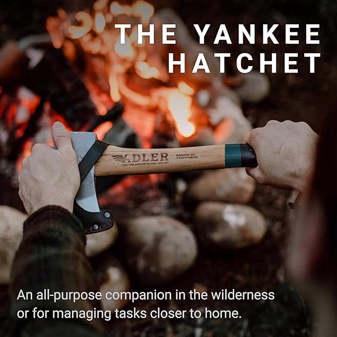 The Yankee, 15", German Forged, All-Purpose Wilderness Camping Hatchet & Kindling Splitting, Anti-Slip Wood Handle (Green Stripe)