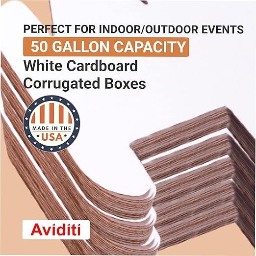 AVIDITI Cardboard Trash Cans and Recycling Bins, 50 Gallon 18"L x 18"W x 36"H (10-Pack) Reusable or Disposable Pop Up Garbage Boxes for Parties, Outdoor Events, Heavy Duty, Plain