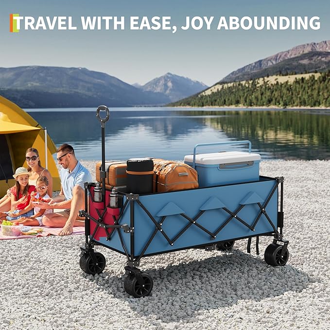 Heavy Duty Foldable Wagon for Beach, Extra Large Collapsible Foldable Wagon for Camping, All Terrain Beach Wagons Extended with Cup Holders for Sand