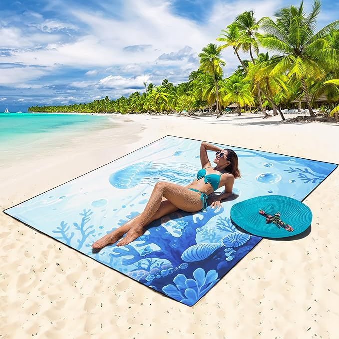 Beach Blanket Waterproof Sandproof Beach Mat 79" X 83"/10'x9'for 2-8 Adults Quick Drying Outdoor Picnic Mat Beach Accessories for Travel, Camping, Hiking