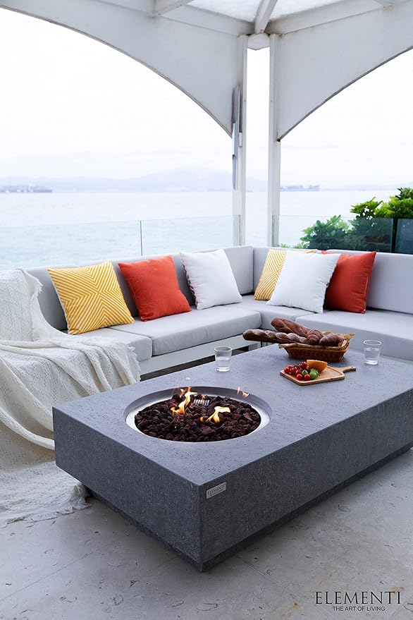 Elementi | Metropolis Gas Fire Pit Cast Concrete 56" Rectangular Fire Table, Outdoor Fire Pit Electronic Ignition | Canvas Cover, Lava Rock Included | Dark Gray (Propane Gas)