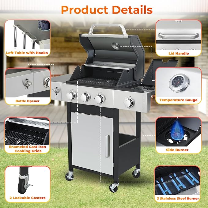 3 Burner Propane Gas Grill with Side Burner, Stainless Steel Outdoor Grill with Enameled Cast Iron Grates, 37230 BTU Gas Grill for Outdoor Barbecue BBQ Grill