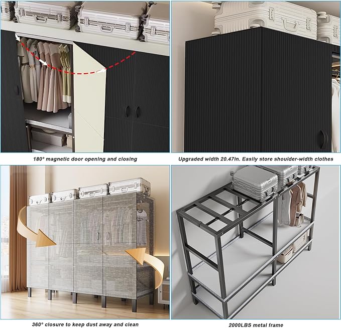 FPIGSHS Heavy Duty Clothes Rack with Magnetic Door 2000LBS Foldable Portable Wardrobe Closet for Hanging Clothing Rolling Garment Rack on Wheels for Bedroom Closet System (A（Black Door）, 33.4in)