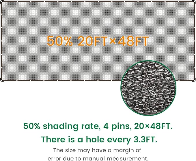 50% 20 X 48 FT Black Shade Cloth, Outdoor Woven Sun Shade with Grommets, Durable Breathable Netting Shading Antifreezing for Patio, Garden, DIY Home, Plants Cover, Greenhouse, Dog Kennel