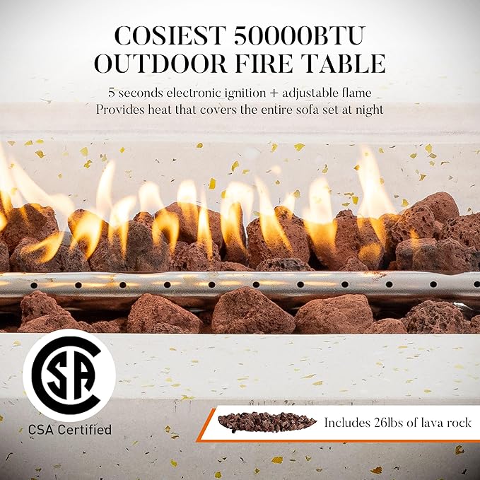 COSIEST 56" Outdoor Propane Fire Pit Table w Tank Cover & Wind Guard, Rectangle Gas Fire Pit Table with Concrete & Wood Grain Design, 50000BTU CSA Certified Fire Tables for Patio, Backyard, Garden