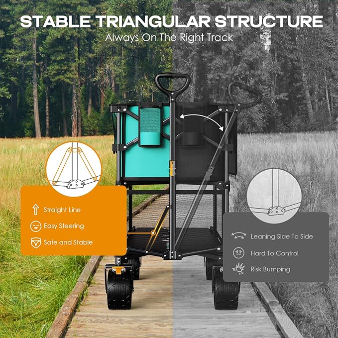Foldable 50''L Extra Long Double Decker Wagon for Sport, 400L Collapsible Heavy Duty Wagon Cart with Big Wheels, Utility All-Terrain Large Extender Cart for Outdoors, Light Blue