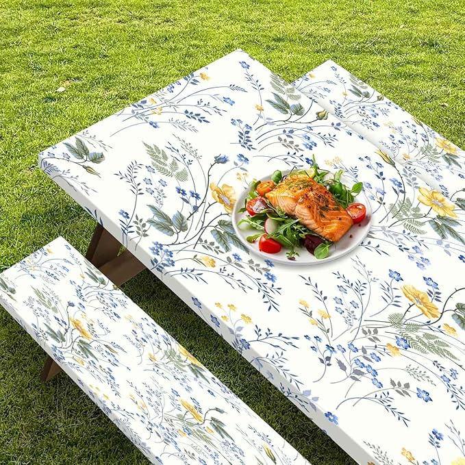 CAPSCEOLL Picnic Table Cover with Bench Covers 8Ft Wind & Water-Resistant Camping Tablecloth Outdoor Table Protector with Drawstring Bag for Camping Essentials, 96X30In, Blue Yellow Flowers
