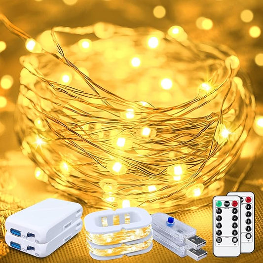 50LED Fairy Lights USB & Battery Powered 2Pack, 16FT Warm White Mini String Light with 8 Modes & Timer, Cuttable Copper Wire Waterproof Twinkle Light Indoor Outdoor for Bedroom Wedding Christmas Decor