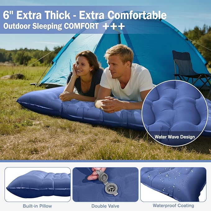 Sleeping Pad for Camping, 6" Extra Thick Camping Mat with Pillow Built-in Foot Pump, Ultra Comfortable Inflatable Sleeping Mat for Backpacking, Hiking, Camp Tent - Enjoy a Comfy Sleep