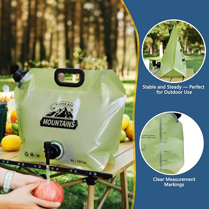 Camping Water Jug 2.1 Gallon CollapsibleWater Container Portable Water Bag for TravelOutdoor Hiking BPA Free Lightweight (Green (2.1 Gal), 2)