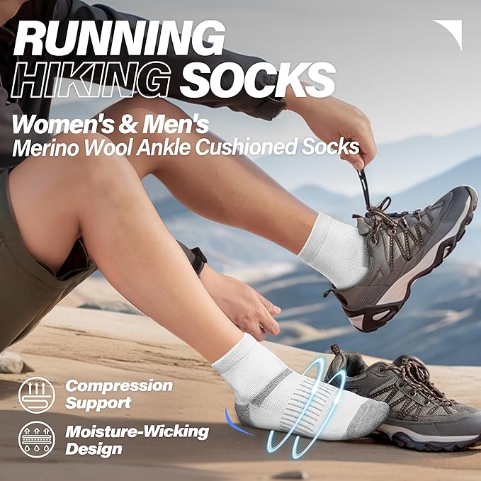 6 Pairs Merino Wool Ankle Running Hiking Socks Compression Support Breathable Thick Cushion No Show Socks for Women Men