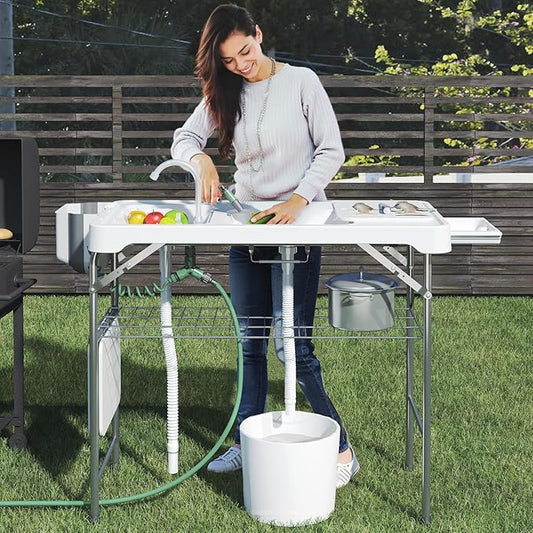 42.5" Fish Cleaning Table with Dual Sink, Portable Folding Camping Table with Faucet, Sprayer, Grid Rack, Hose Hook Up & Knife Groove, Outdoor Sink Station for Picnic Beach Patio