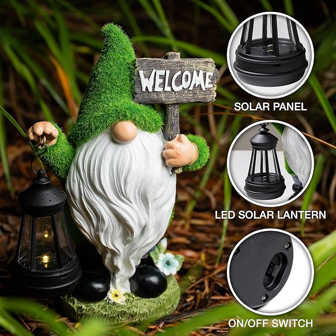Garden Gnomes Outdoor with LED Solar Light - 11’’ Funny Gnome Decorations/ ornaments for Home/Yard/Patio Solar Lantern Garden Statues - Decor -Fall Deals/clearance - Housewarming/Birthday Gifts