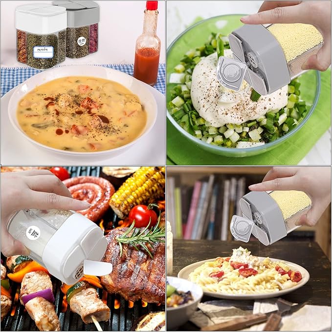 4 Pack 4 in 1 Plastic Salt and Pepper Shaker, 4 Grids Flip Empty Spice Dispensers Travel Spice Container Compartment Seasoning Shakers with Lid Travel Spice Jars with Labels for Cooking BBQ