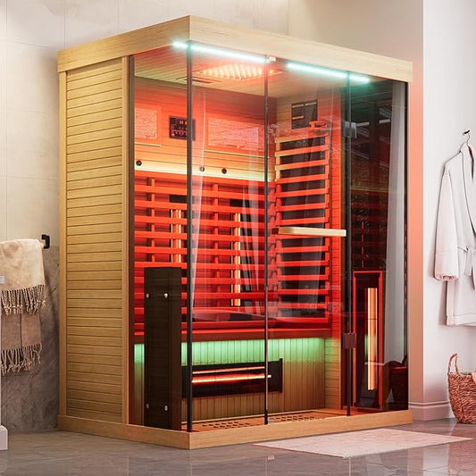 Full Spectrum Infrared Sauna，2-3 Person Home Sauna，Wooden Canadian Hemlock Indoor Spa Sauna with Resonance Speaker, Panoramic Tempered Glass Door