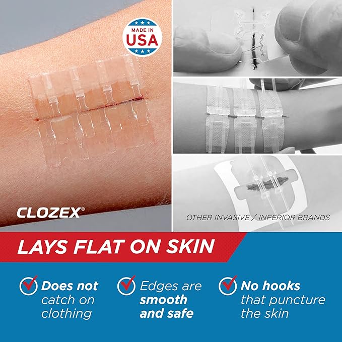 Clozex Emergency Laceration Closures - Repair Wounds Without Stitches, FSA HSA Eligible Skin Closure Device for 3 Individual Wounds Or Combine for Total Length of 3 3/8 Inches