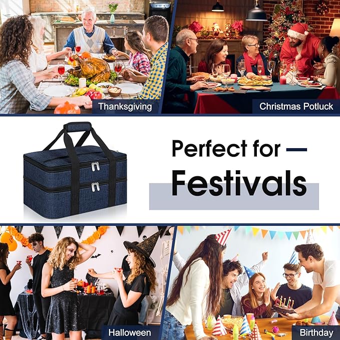 Double Insulated Casserole Carrier, Portable Casserole Carrier for Hot or Cold Food Lunch Tote Warmer or Cooler Bag, Lasagna Lunch Bag for Potluck Parties- Fits 9" x 13" Baking Dish-Navy blue