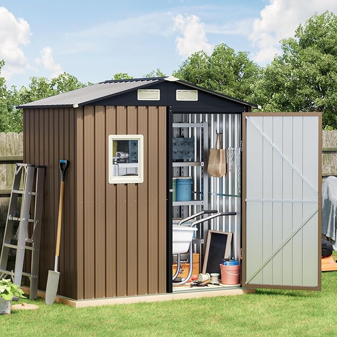 Breezz 6x4FT Outdoor Steel Storage Shed, Lockable Doors, Compact Metal Tool Shed for Garden, Backyard, Patio, Utility, and Bike Storage,Brown