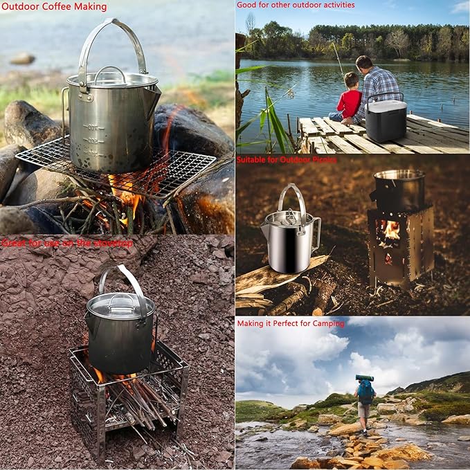 Camping Tea Kettle, Portable 1.2L Coffee Pot, Outdoors Camping Pot, with Handles and with Lids for Camping Hiking Picnic Camping, Backpacking, Silver