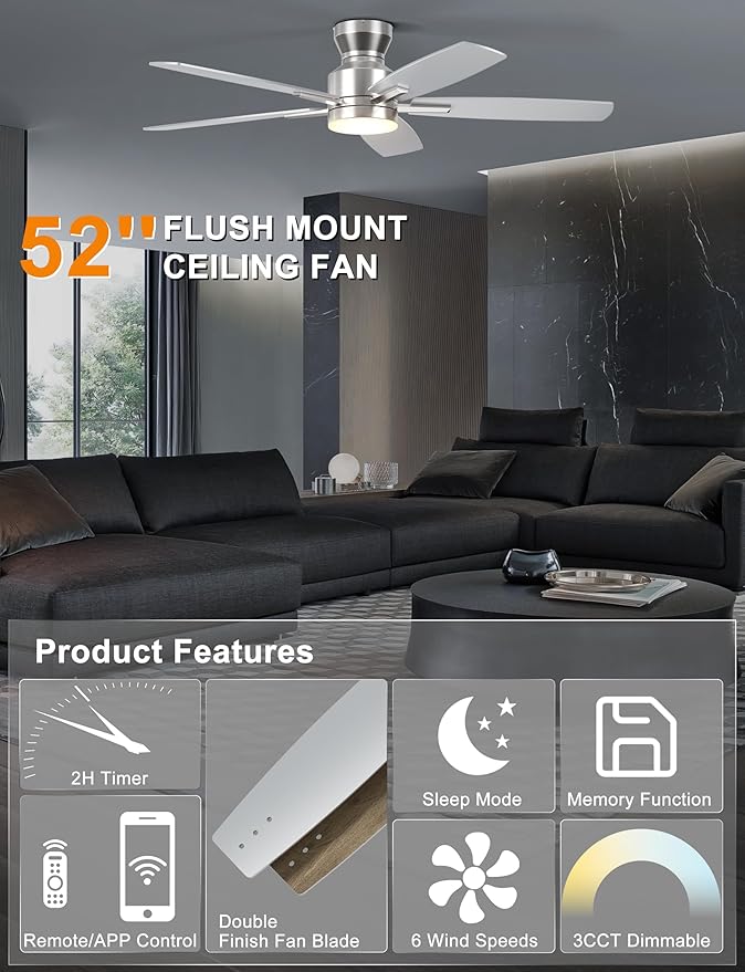 Ohniyou Ceiling Fans with Lights, 52'' Low Profile Ceiling Fan with Light and Remote/APP Control, Modern Flush Mount Ceiling Fan for Indoor Bedroom Living Room, Dimmable, Qiuet DC Motor, Silver
