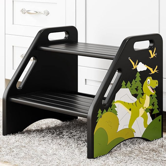 AMBIRD Toddler Step Stool, Dinosaur Wooden Two Step Stool for Kids with Non-Slip Pads, Portable Potty Training Stool with Handles for Bathroom, Sink, Kitchen, Bedroom
