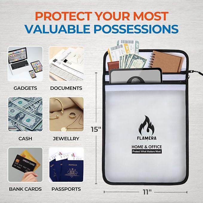 Fireproof and Water-Resistant Bag with Two Pockets and Secure Zipper – 15" x 11" Fireproof Money Bag, Heat Resistant up to 2000°F – Protects Documents, Cash, and Valuables for Home or Office