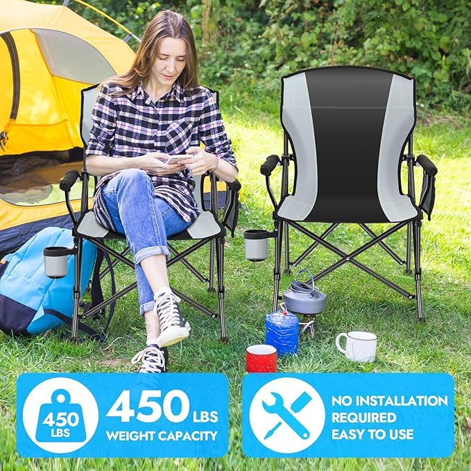 2 Pack Oversized Folding Camping Chair for Adults, Supports 450 LBS Camping Chairs, Heavy Duty Camping Chair with Side Pockets, Foldable Outdoor Chair for Camping, Beach, Fishing, Hiking, Black-Gray