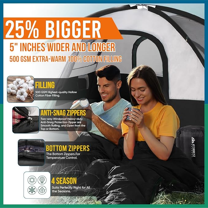 IFORREST Cotton Flannel Double Sleeping Bag for Adults - 2-Person 10°F Cold Weather Camping Bed - Extra-Wide & Warm Queen-Size XXL