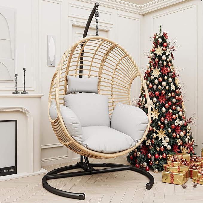 Hanging Egg Chair with Stand - Egg Swing Chair Outdoor Indoor Patio Wicker Chair Swing Hammock Egg Chairs 400lbs Capacity for Outside Patio, Bedroom, Garden and Balcony (Beige-Regular, 2P)