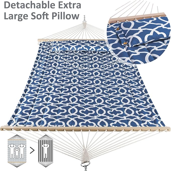 SUNCREAT Two Person Hammock with Stand, 475 lbs Capacity, Portable Patio Hammock with Hardwood Spreader Bar, Large Soft Pillow, Blue Pattern