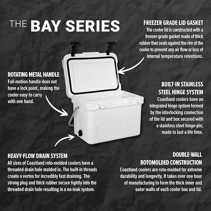 Coastland Bay Series Cooler Premium Everyday Use Insulated Rotomolded Cooler, Small Ice Chest for Tight Spaces, Soccer Games, & Tailgates