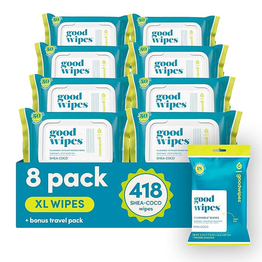 goodwipes Flushable Butt Wipes - Vitamin E & Aloe - Sewer & Septic Safe - Extra Large Adult Wet Wipes For Women & Men - Bathroom Essentials - Shea-Coco, 418 Count (8 Packs + 1 Travel)