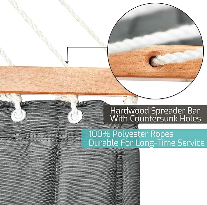 Double Quilted Fabric Hammock with Hardwood Spreader Bars and Pillow 450 LBS Capacity 2 Person Large Hammock for Outdoor Patio Backyard Poolside - Dark Grey