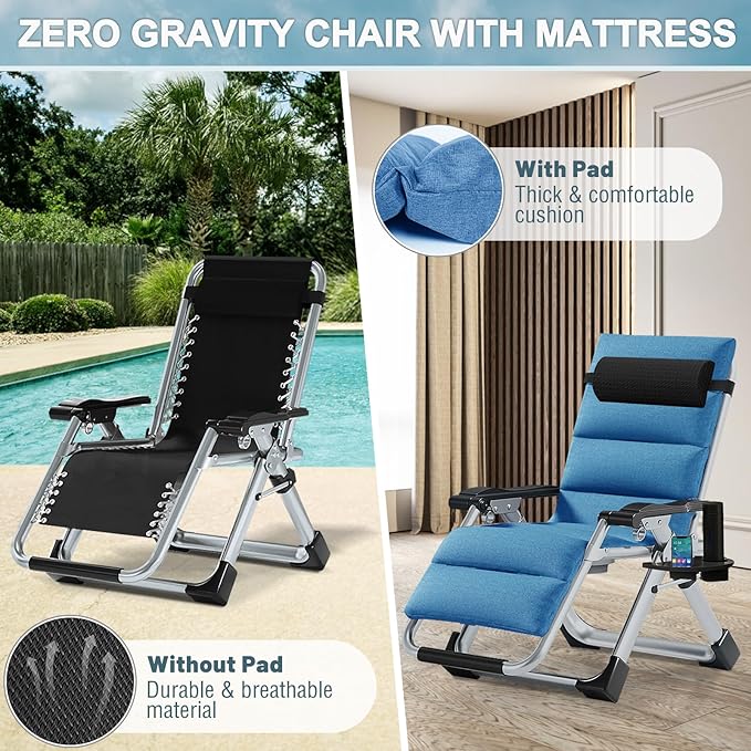 ABORON Zero Gravity Chair,Premium Outdoor Lawn Folding Lounge Chairs,Sturdy Adjustable Reclining Patio Chairs with Removable Cushion,Headrest & Tray