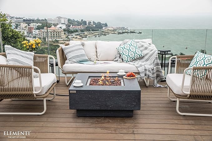 Elementi | Manhattan Gas Fire Pit Cast Concrete 36" Square Fire Table, Outdoor Fire Pit Electronic Ignition | Canvas Cover, Lava Rock Included | Dark Gray (Natural Gas)