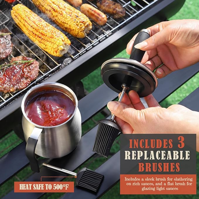32 Ounce BBQ Basting Pot with 3 Replaceable Brushes，Grilling Gifts for Men&Dad，Stainless Steel 304 Barbecue Sauce Pot Brush Set，Airtight Melting Pot Sauce Container for Grill，Kitchen，Camping