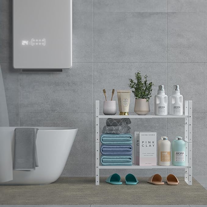 Expandable Spice Rack, Stackable Metal Pantry Storage Shelves Stand, Adjustable Height Cabinet Shelf Organizer Racks(2PACKS/WHITE,LARGE)