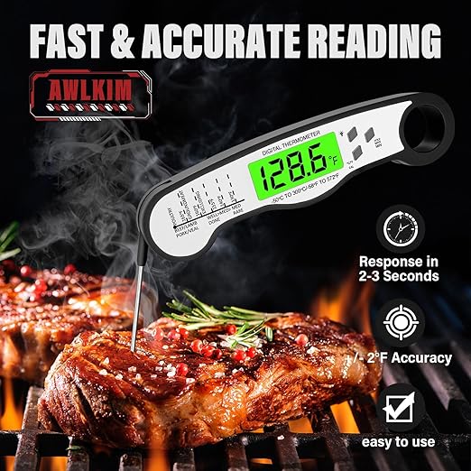 AWLKIM® Meat Thermometer Digital - Fast Instant Read Food Thermometer for Cooking, Candy Making, Outside Grill, IP67 Waterproof Kitchen Thermometer with Backlight, Stocking Stuffers for Men - Black