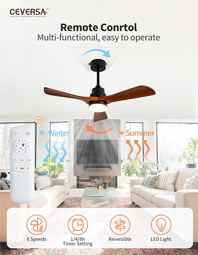 42 Inch Wood Ceiling Fans with Lights and Remote, 3 Blades Outdoor Walnut Ceiling Fans for Patio, Noiseless Reversible DC Motor, for Living Room, Farmhouse, Indoor