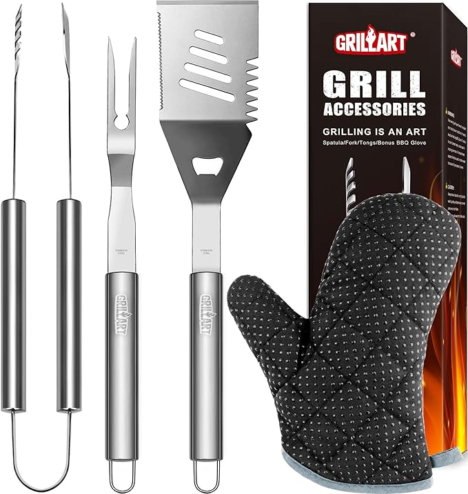 GRILLART Grill Tools Grill Utensils Set - 3PCS BBQ Tools, Stainless Barbeque Grill Accessories -Spatula/Tongs/Fork w/Insulated Glove, Ideal BBQ Set Grilling Tools for Outdoor Grill, Gifts for Men Dad