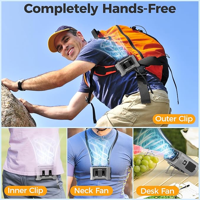 14500mAh Portable Waist Fan Clip On Belt- Rechargeable Battery Operated,Max 40H Cooling,5 Speed 14600RPM,Dual Air Vent, Hands-free Shirt Neck Fan With Light for Outdoor Jobsite Camping Traveling