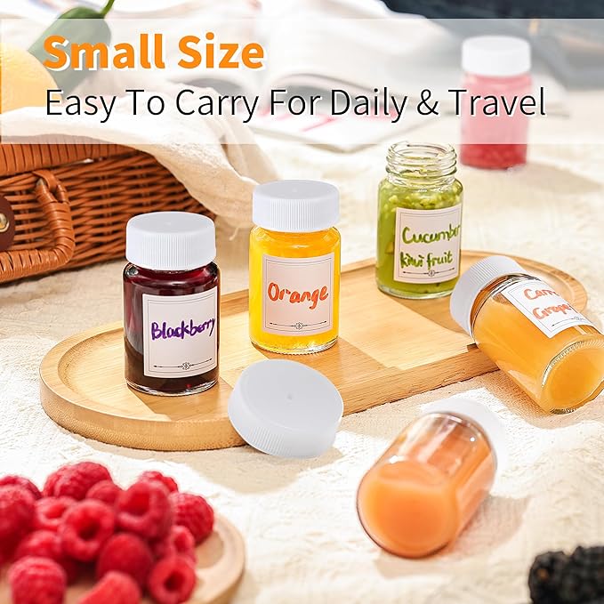 16 Pack 2 oz Glass Shot Bottles with White Caps & Labels, Wide Mouth 60 ml Clear Little Glass Jars for Ginger, Leakproof Travel Mini Jars for Wellness Shot, Juice - Dishwasher Safe