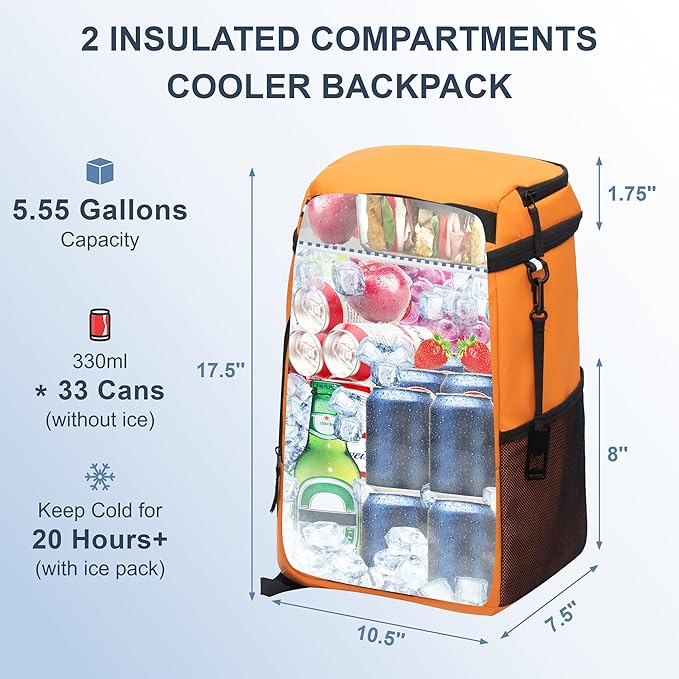 Backpack Cooler Insulated Leak Proof 33/49 Cans, 2 Insulated Compartments Thermal Bag, Portable Lightweight Beach Travel Camping Lunch Backpack for Men and Women