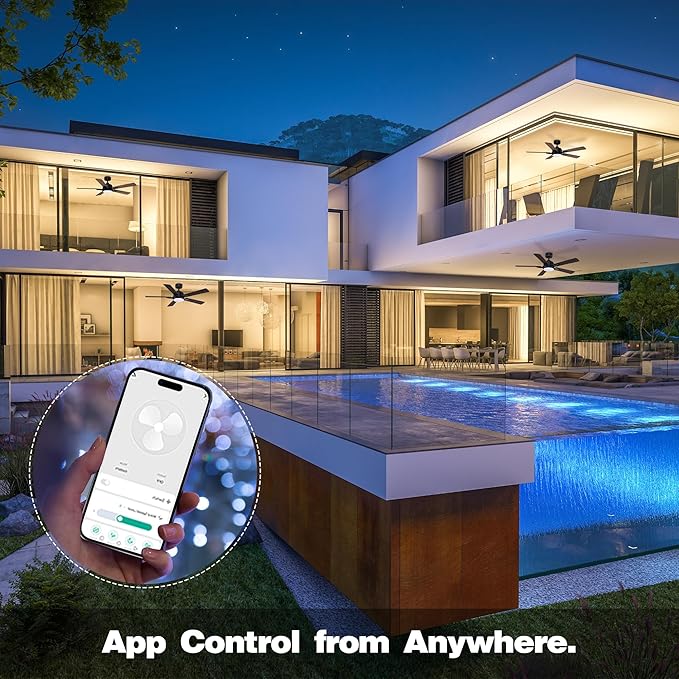 52” Smart Ceiling Fans with Lights Remote,Quiet DC Motor,Outdoor Indoor Modern Ceiling Fan,Voice Control via WIFI Alexa App,6-speed,Dimmable Ceiling Fan for Bedroom Patio,Black& Walnut Brown