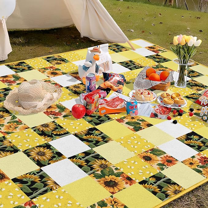 Checkered Picnic Blankets Waterproof Foldable, 60″X80″Sunflower Picnic Mat Outdoor Blanket for Grass, Cute Bee Thick Beach Blanket Sandproof Picnic Accessories for Camping Party Park Patio
