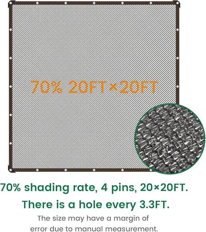 70% 20 X 20 FT Black Shade Cloth, Outdoor Sunblock Shade Cloth with Grommets, Durable Sun Shade Netting Shading Antifreezing for Patio, Garden, Plants Cover, Greenhouse, Barns, Dog Kennel