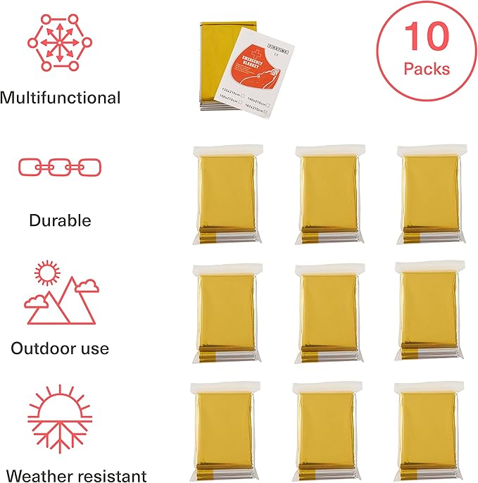 Bramble 10 Pack Extra Large Foil Mylar Emergency Blankets for Survival 83x63, Heat Reflective Thermal Space Blanket, Emergency Foil Blanket for Camping, Outdoor, First Aid