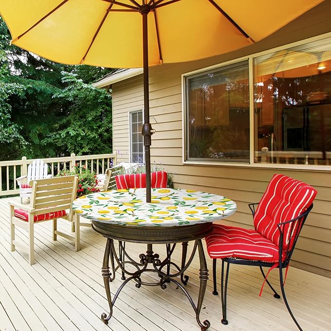 2 Pcs Round Outdoor Tablecloth with Umbrella Hole - Anti-Wrinkle Polyester Tablecloth with Elastic Zipper Table Cover for Summer Patio Camping Party(45''-53'',Lemon)